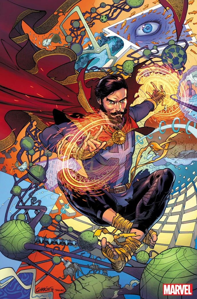 Doctor Strange casting spells amid cosmic dimensions comic art