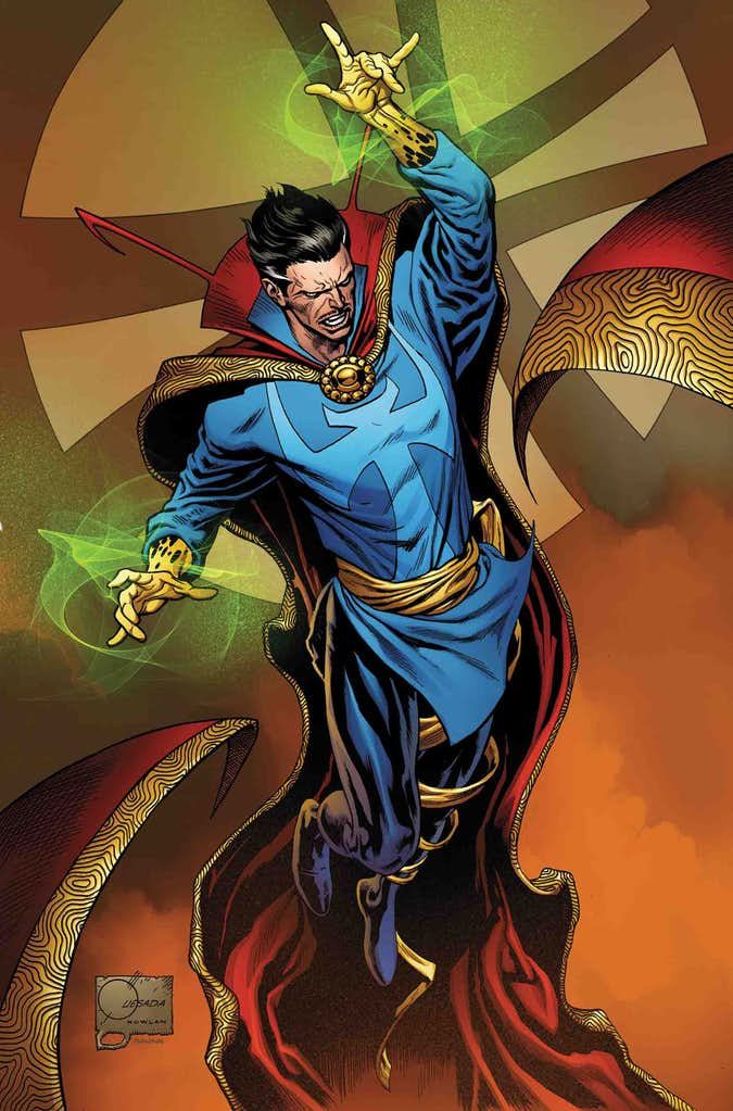 Doctor Strange in cloak and blue tunic casting a spell comic art