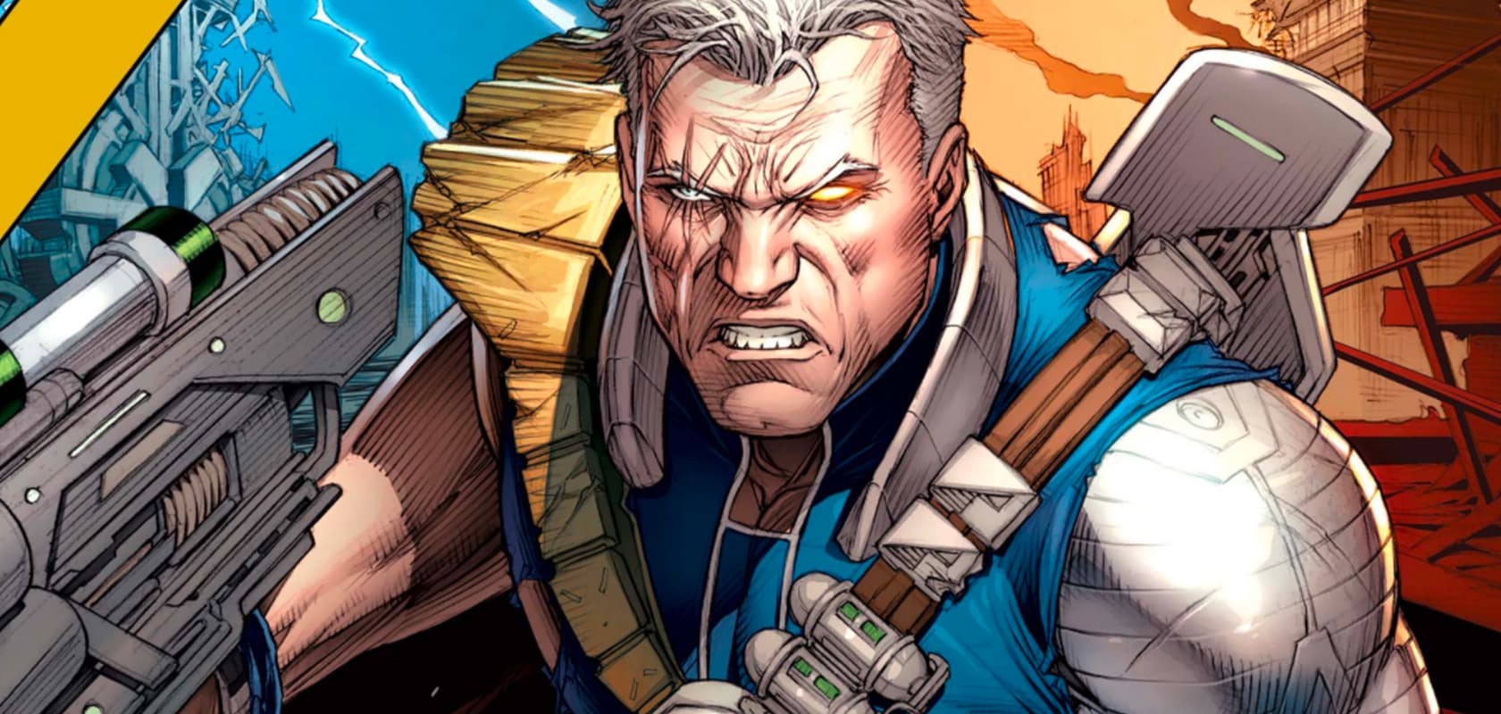 Cable with glowing eye and future weapon comic art