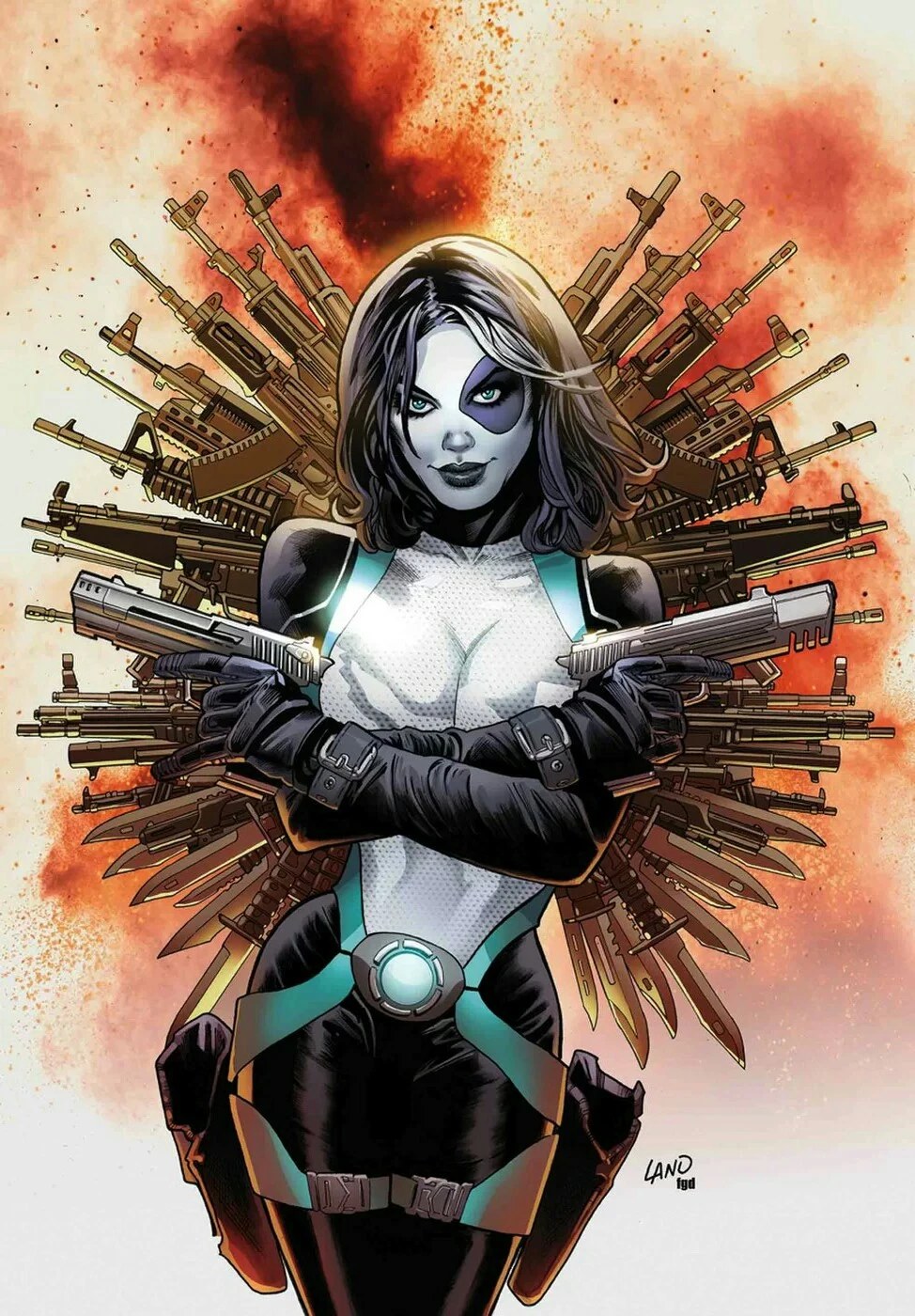 Domino with crossed pistols comic cover art