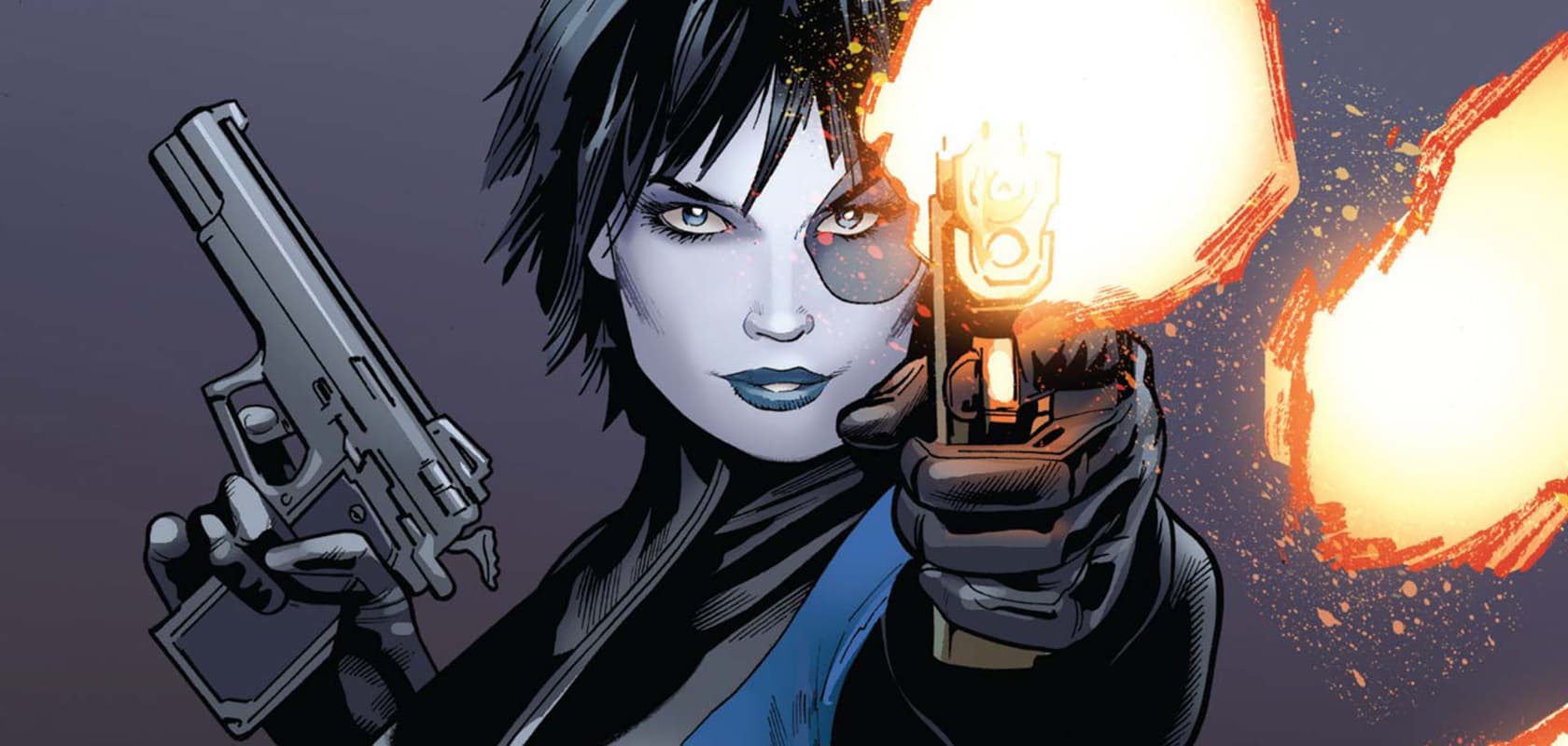 Domino firing a pistol, black patch over her left eye clearly visible