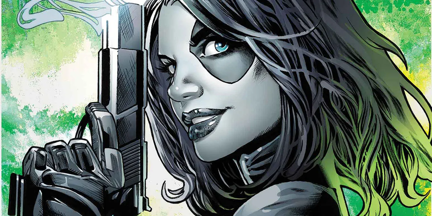 Domino in profile with smoking pistol, black eye patch clearly visible