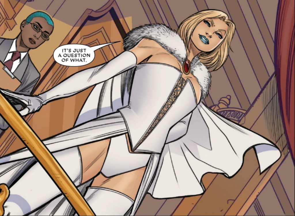 Emma Frost as the White Queen with a young mutant, comic art