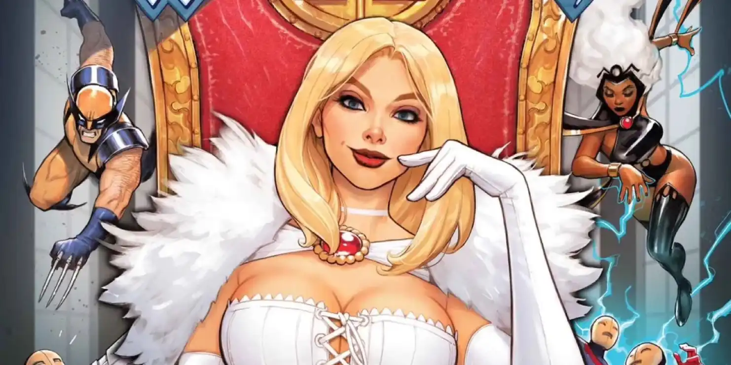 Emma Frost as the White Queen on a throne, flanked by Wolverine and Storm, comic art
