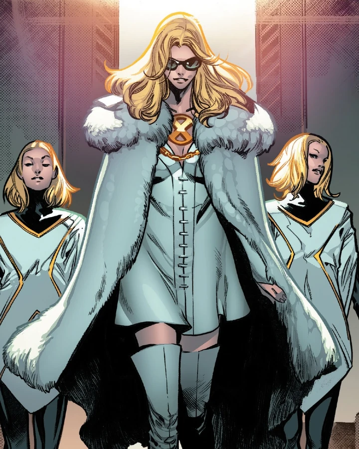 Emma Frost in white with two of the Stepford Cuckoos