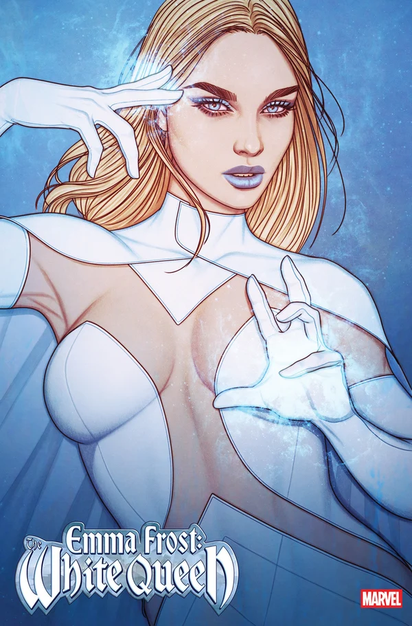 Emma Frost in white, commanding portrait