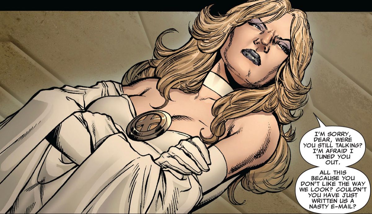 Emma Frost reclining in white, dismissing her critics
