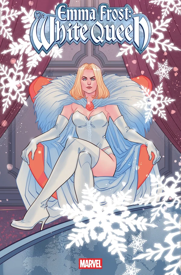 Emma Frost in white fur-trimmed costume seated among snowflakes comic cover art