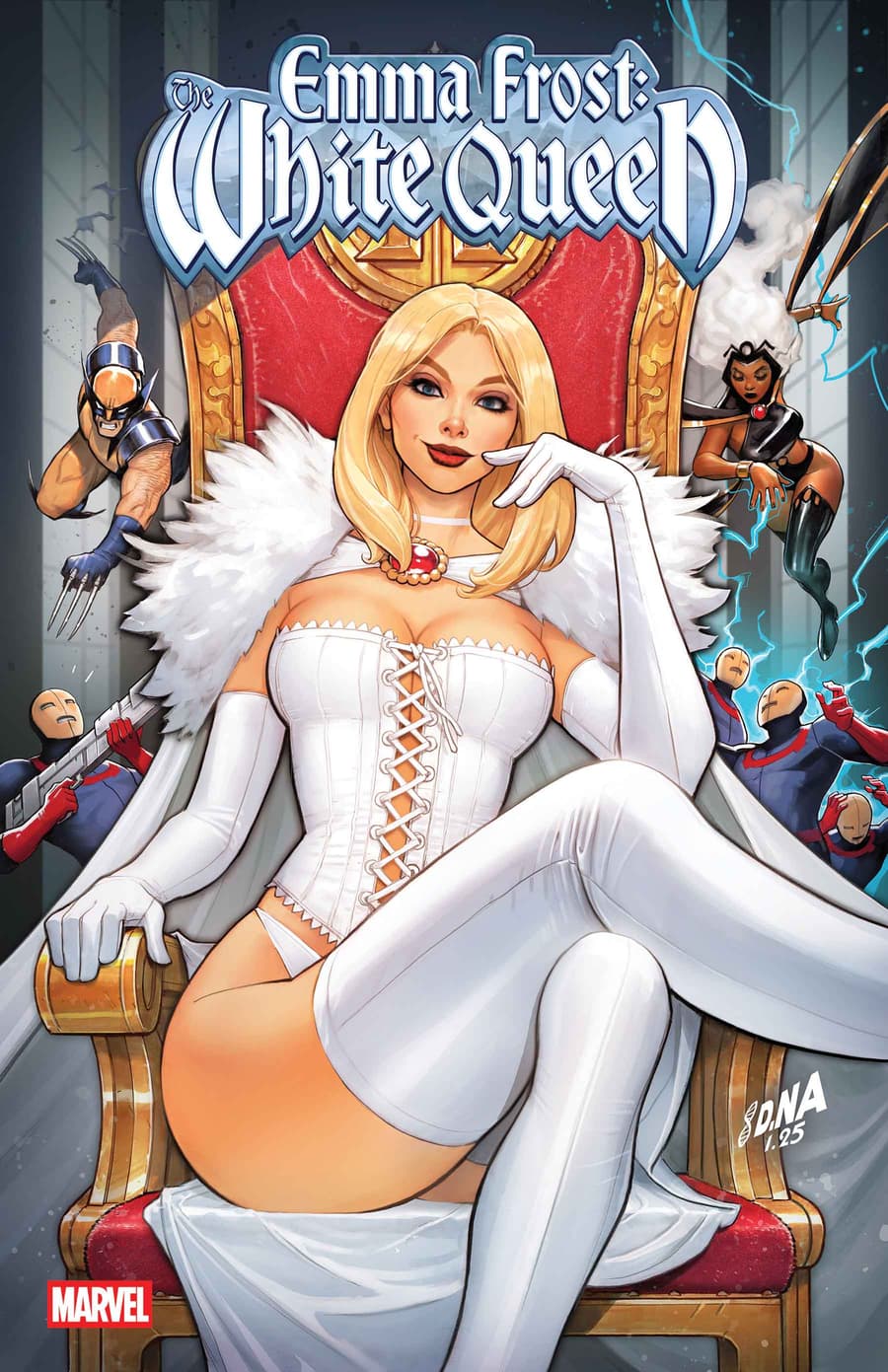 Emma Frost seated on a throne in her White Queen costume comic cover art