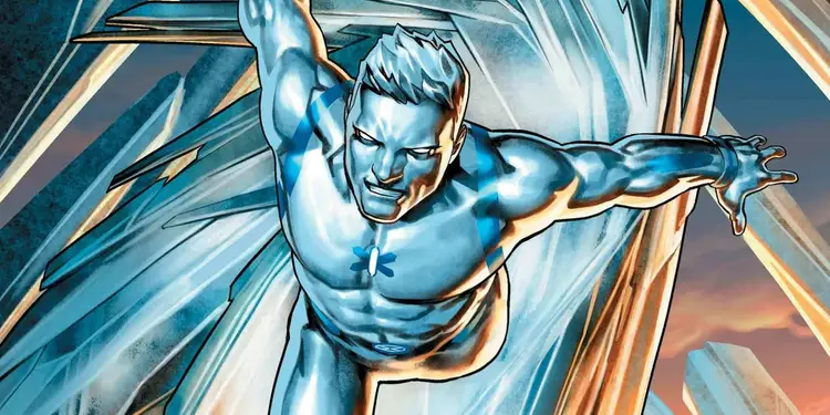Iceman in his ice form surfing on an ice slide comic art