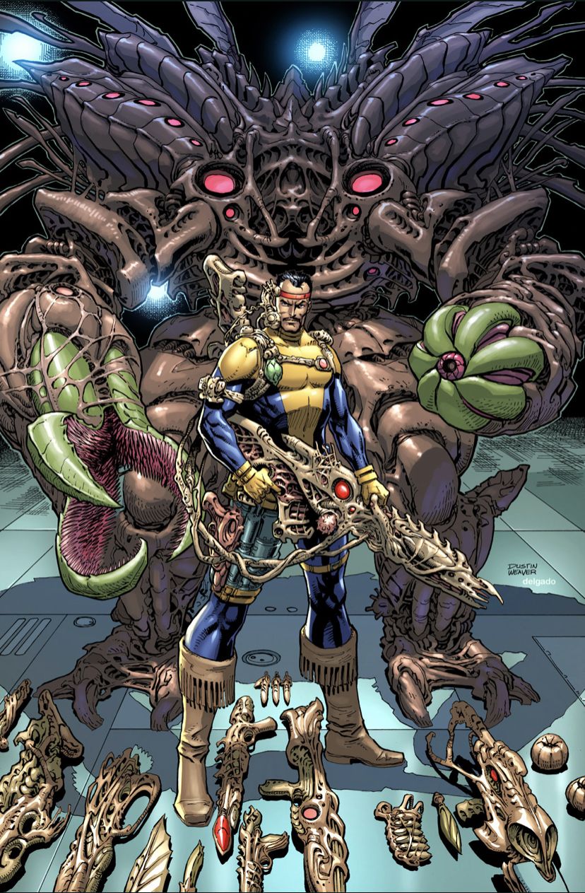 Forge comic art amid alien weaponry