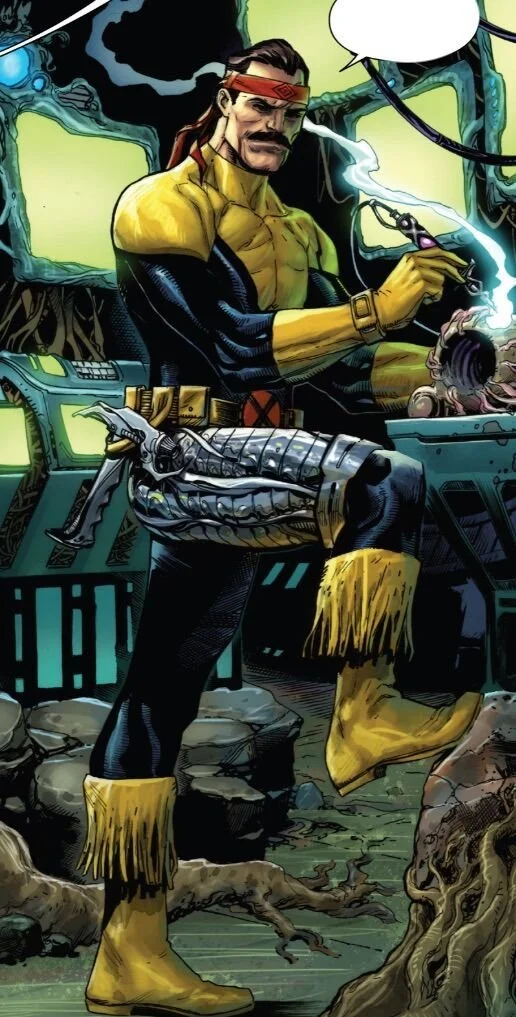Forge comic panel at his workbench showing his cybernetic leg