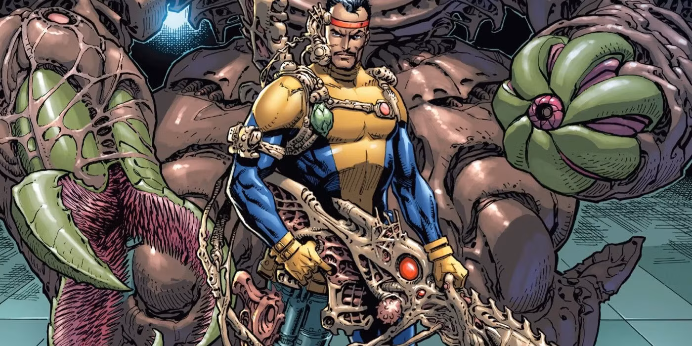 Forge armed with advanced weaponry of his own design
