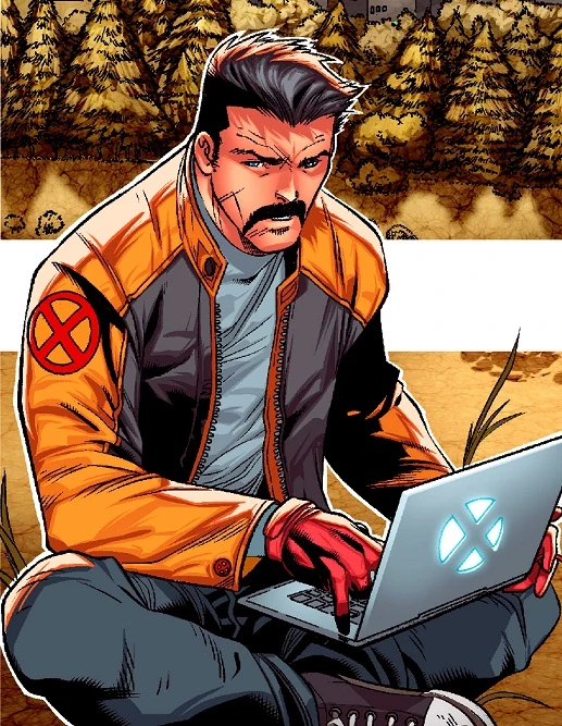 Forge in an X-Men jacket working on a laptop outdoors comic art