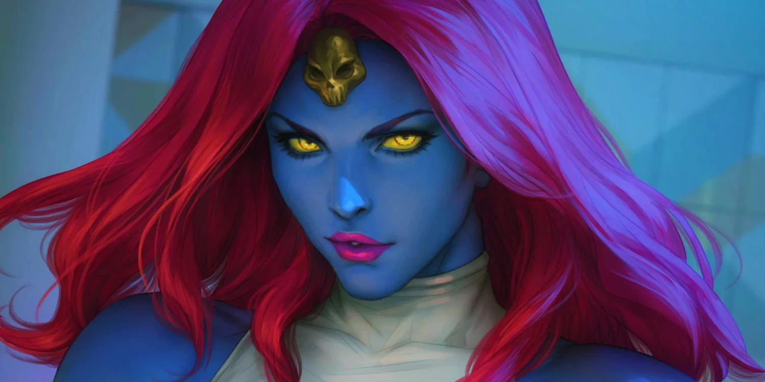 Mystique with red hair, blue skin and yellow eyes comic art