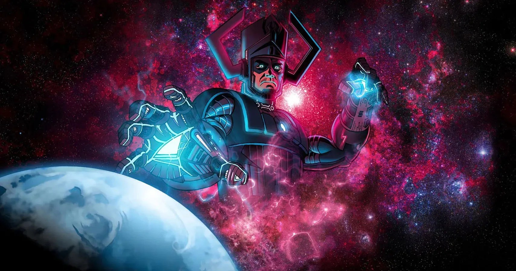 Galactus amid red nebulae, energy crackling from his hands