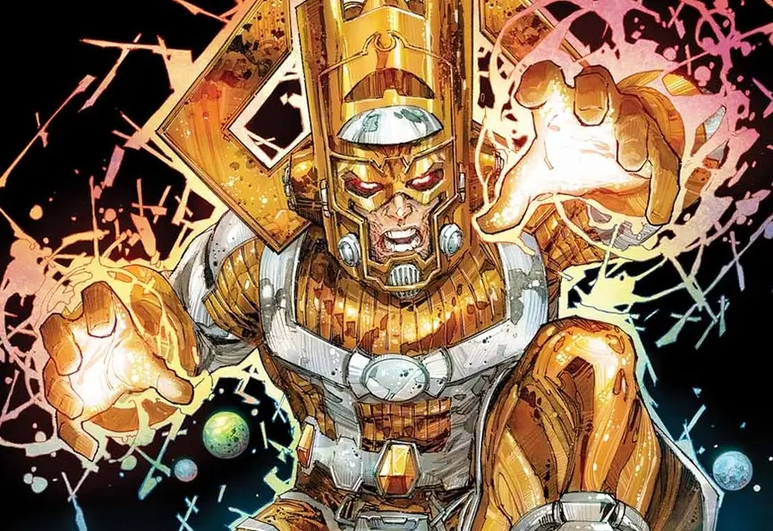 Galactus as the Lifebringer, in white and gold armor, radiating life energy