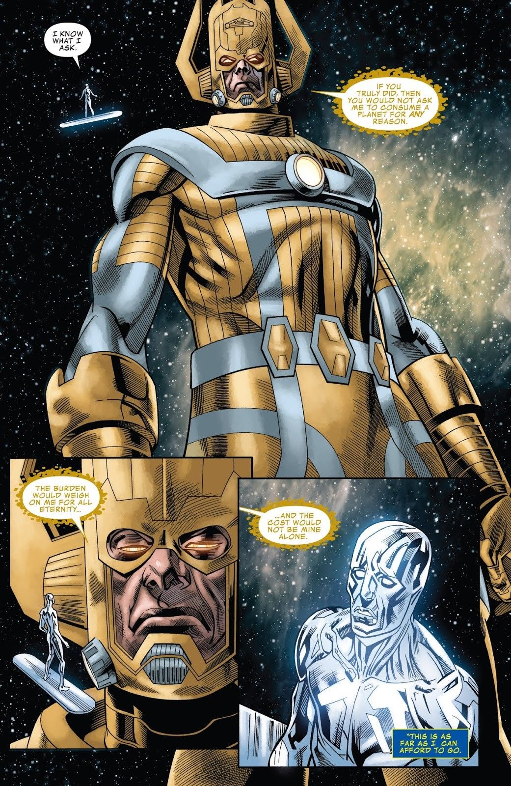 The Lifebringer Galactus in gold refusing the Silver Surfer's plea to consume a planet