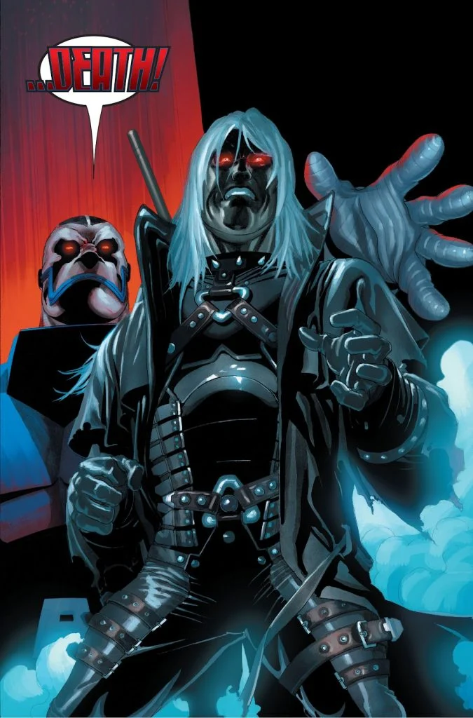 Blood of Apocalypse comic art: Death Gambit declaring '...DEATH!' with toxic clouds around him