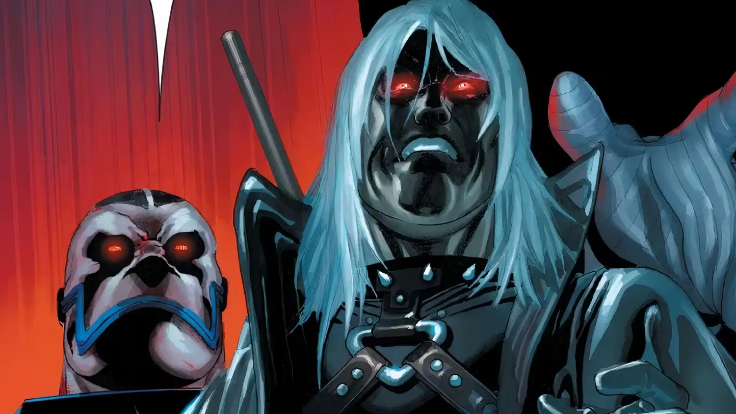 Gambit as the Horseman Death — onyx skin, white hair, red eyes — standing before Apocalypse