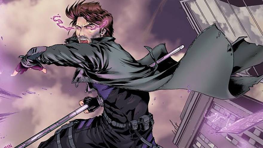 Comic art of Gambit in his trench coat charging playing cards with pink kinetic energy
