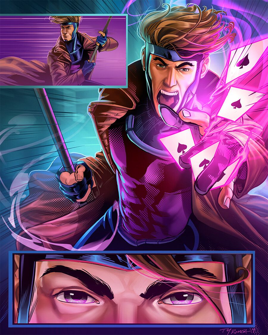 Comic panel art of Gambit throwing kinetically charged playing cards, with a close-up of his red eyes