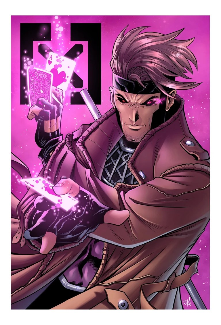 Gambit comic art with charged playing cards