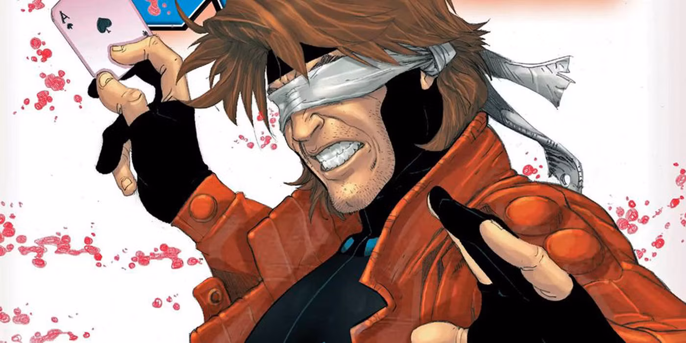Gambit blindfolded, holding a charged ace of spades