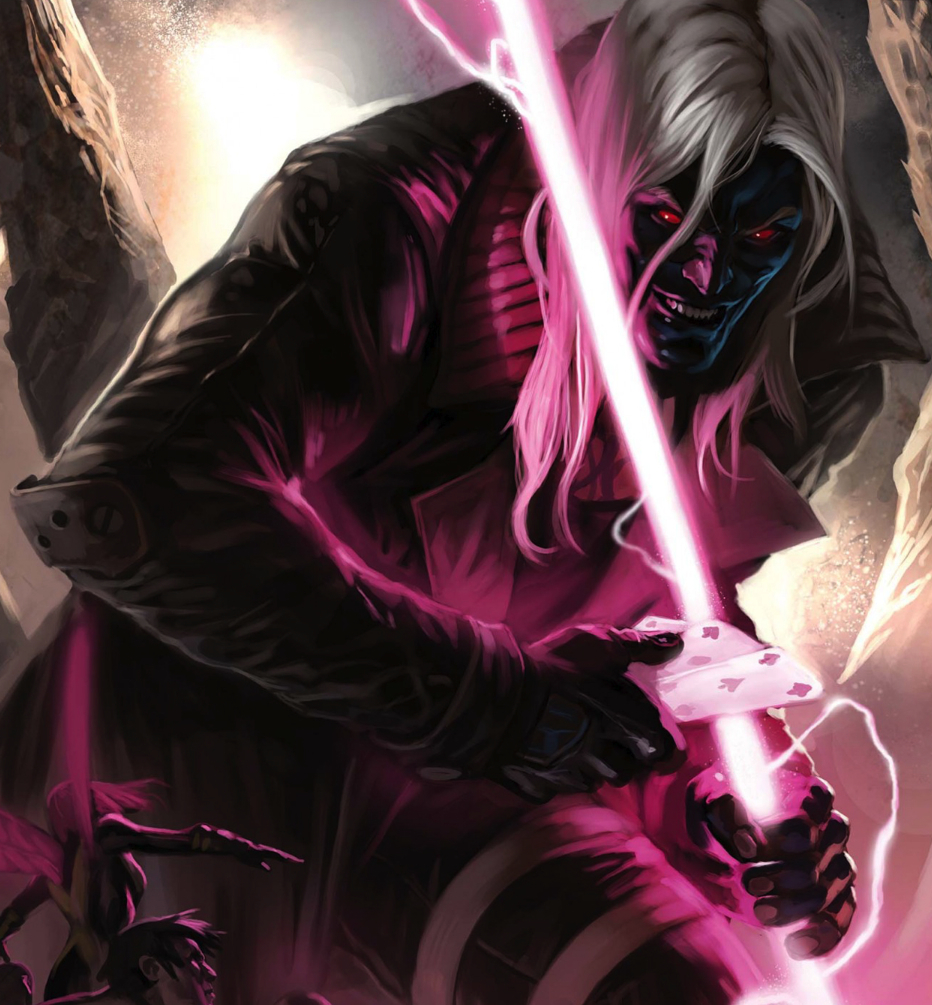 Gambit as Death charging a card with pink energy