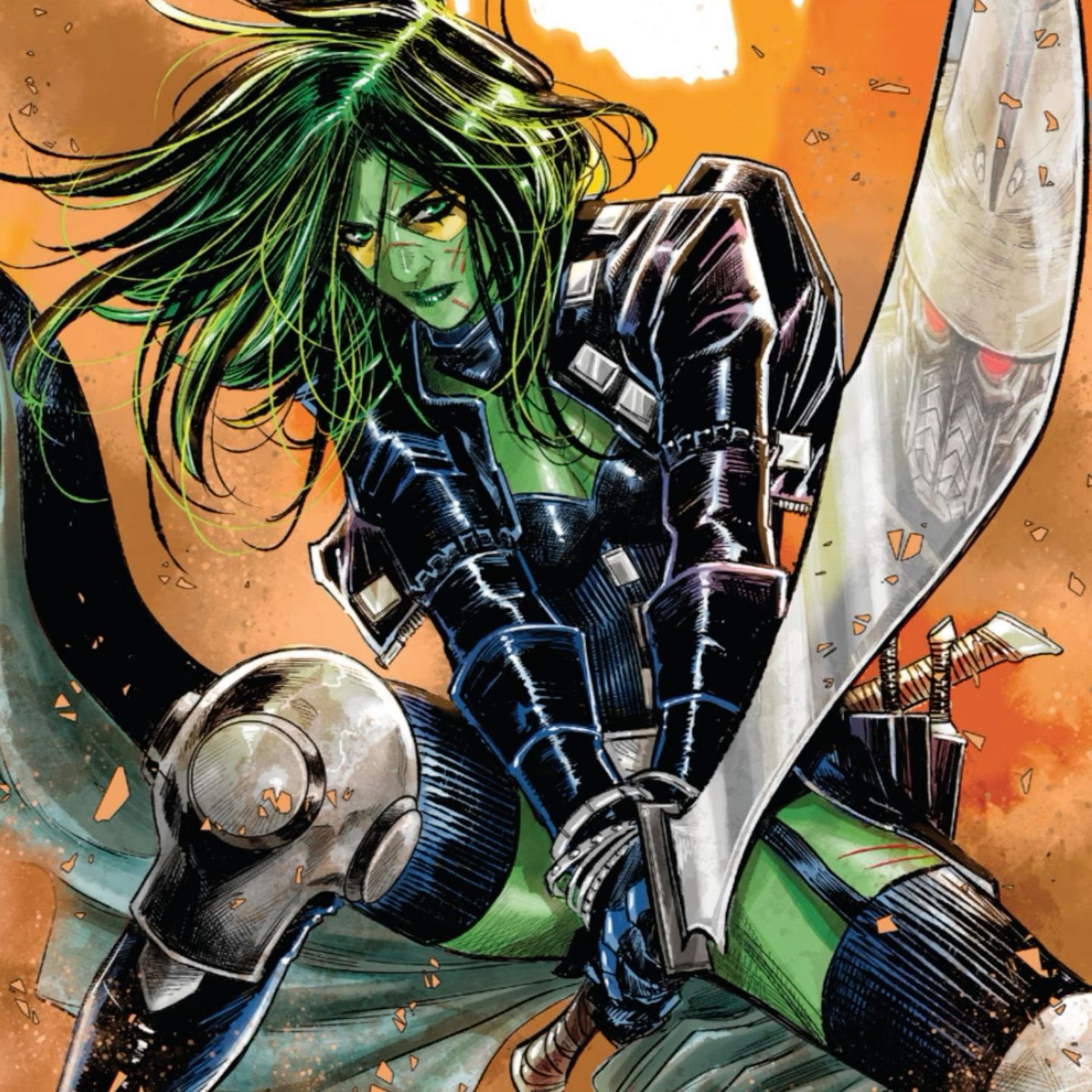 Gamora comic art with blade drawn