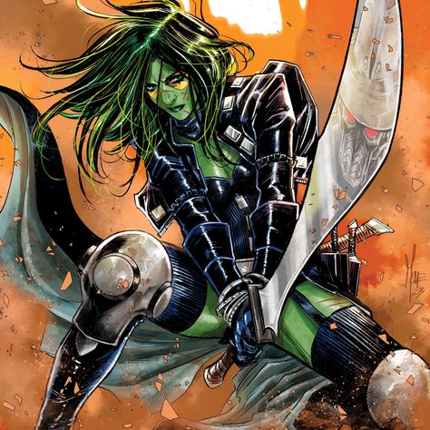 Gamora crouching with a huge blade