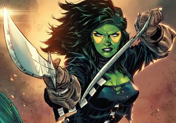 Gamora lunging with twin blades comic art