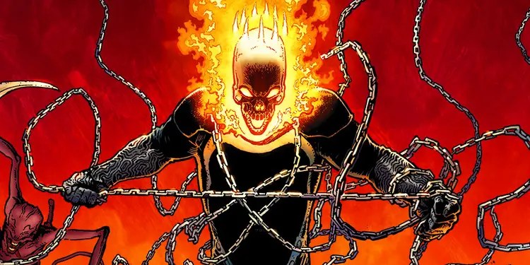 Ghost Rider wreathed in hellfire, swinging his chains