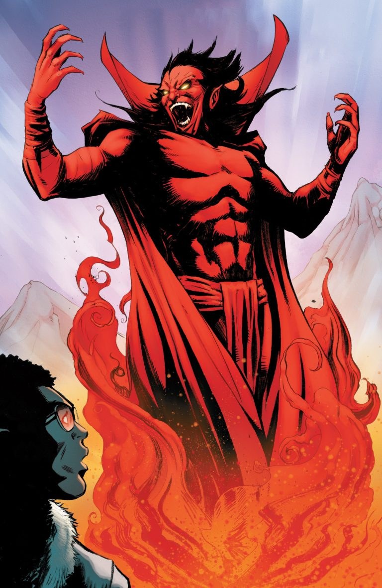 Mephisto, the red devil of Marvel Comics, looming amid hellfire