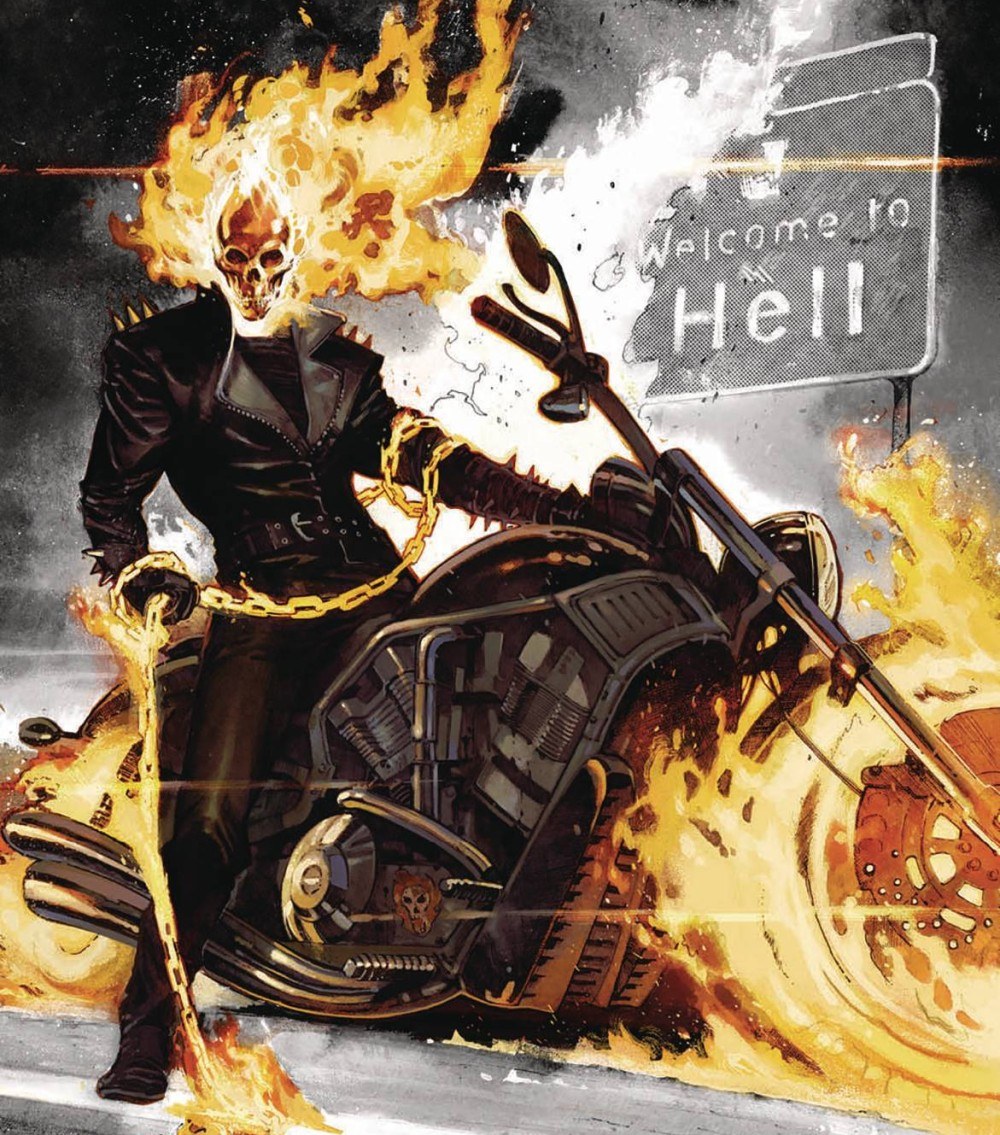 Ghost Rider seated on his hellfire motorcycle beside a sign reading Welcome to Hell