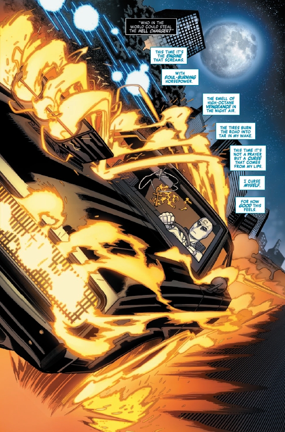 Comic panel of Robbie Reyes driving the flaming Hell Charger