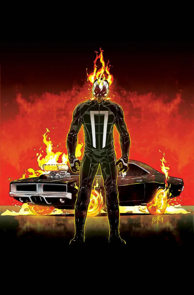 Robbie Reyes Ghost Rider standing before the flaming Hell Charger comic art