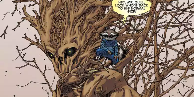Groot at full size with Rocket on his shoulder