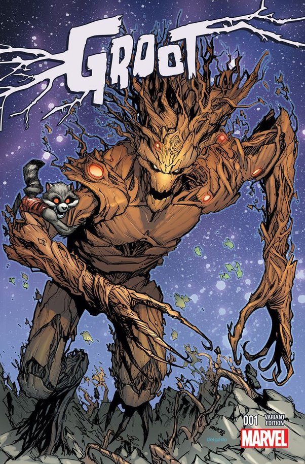 Groot towering over rocks with Rocket Raccoon on his arm comic cover