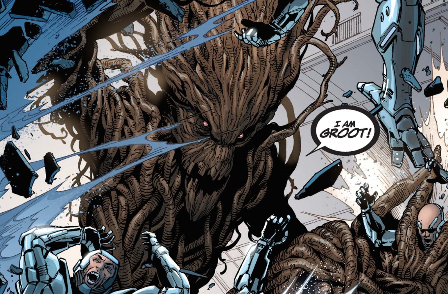 Groot fighting armored soldiers in a comic panel
