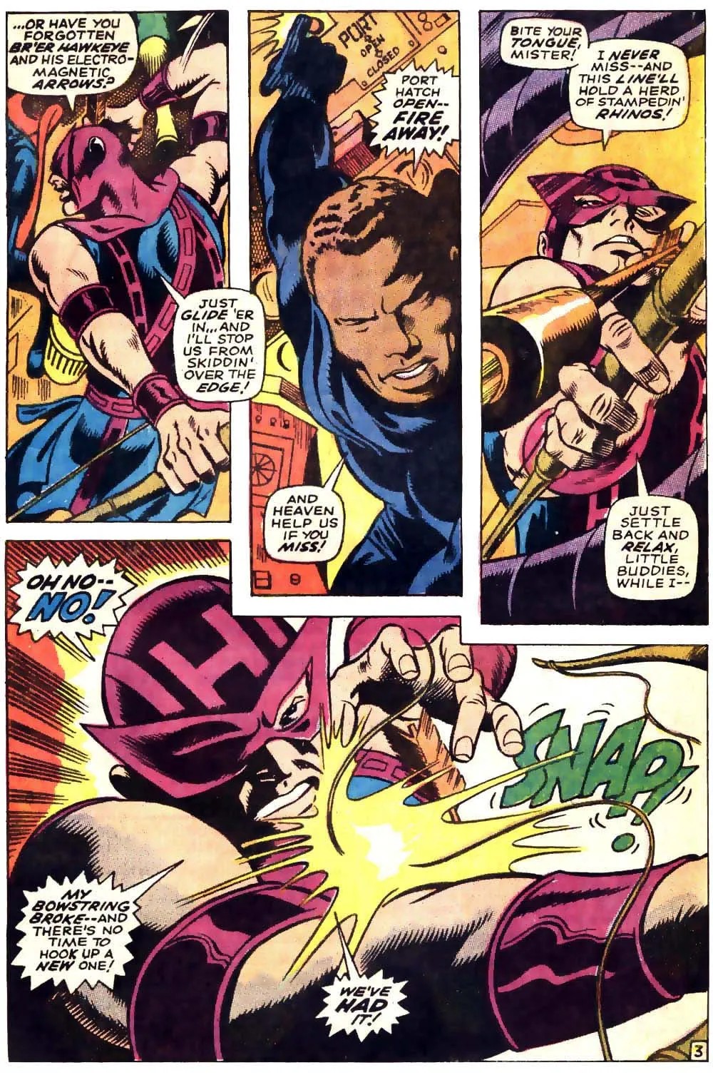 Comic page showing Hawkeye's bowstring snapping