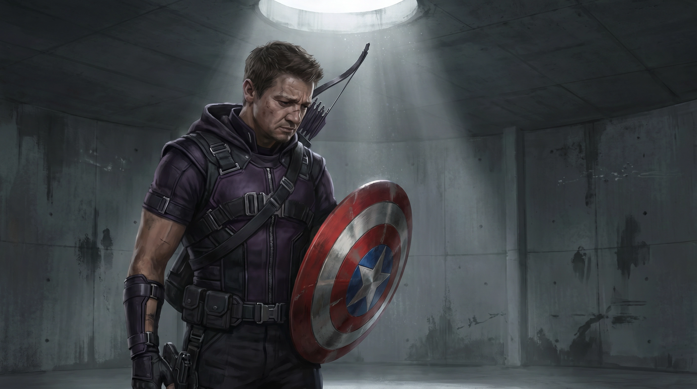 Clint Barton holding Captain America's shield