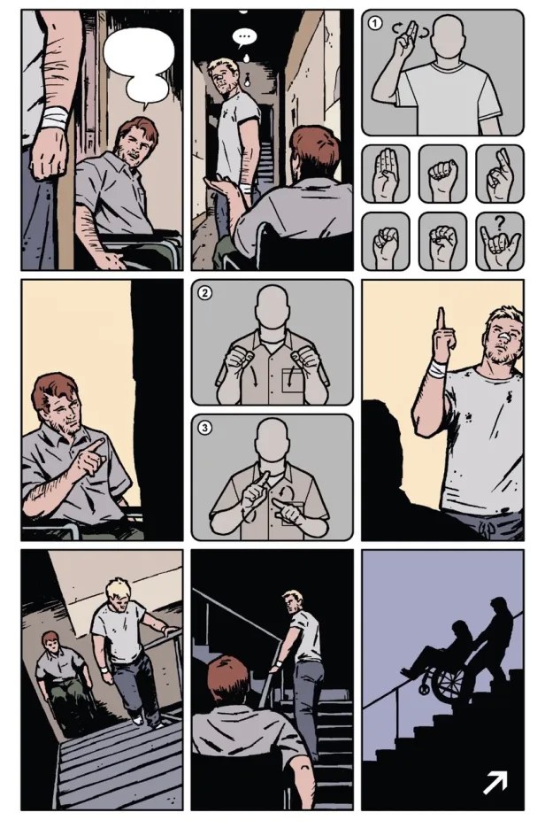 Comic panel of Clint Barton using sign language