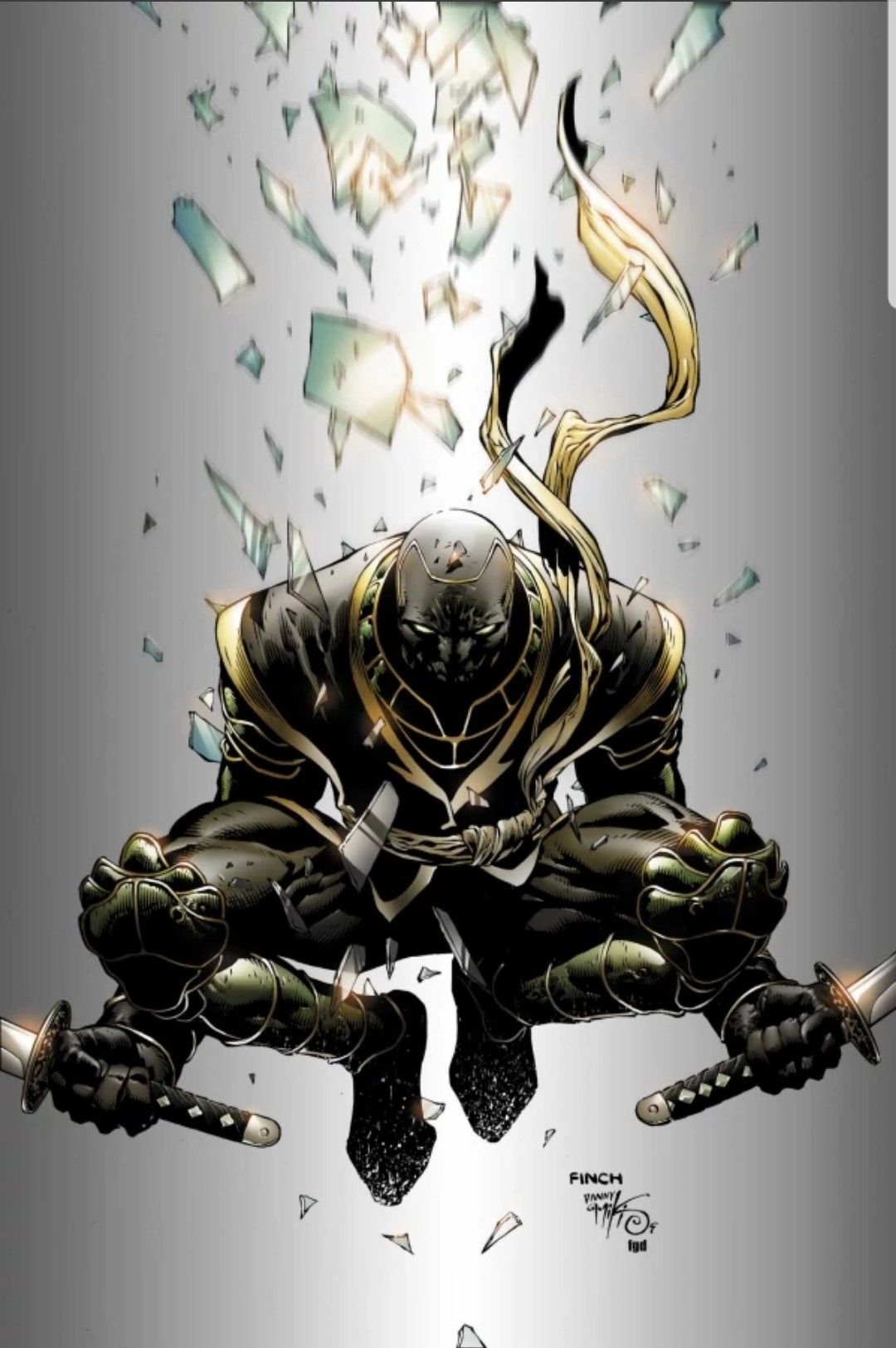 Ronin in black and gold masked costume holding two swords comic art