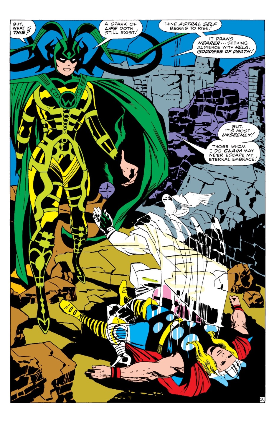 Classic comic panel of Hela in her green cloak and headdress
