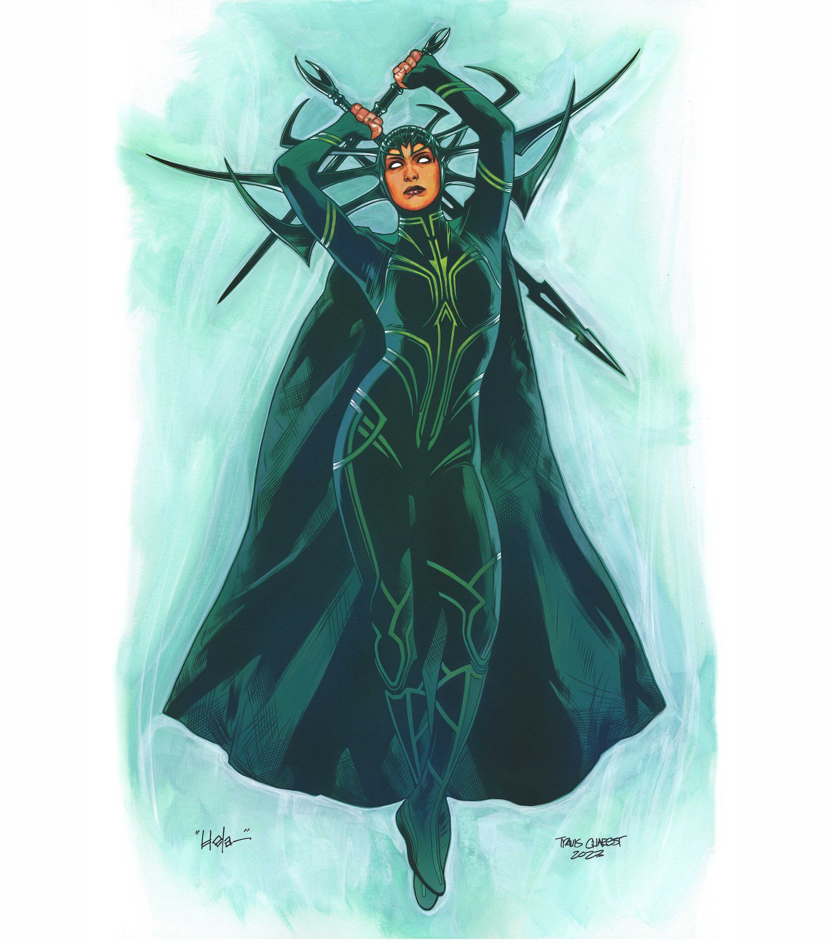 Hela comic art in her green cloak and horned headdress