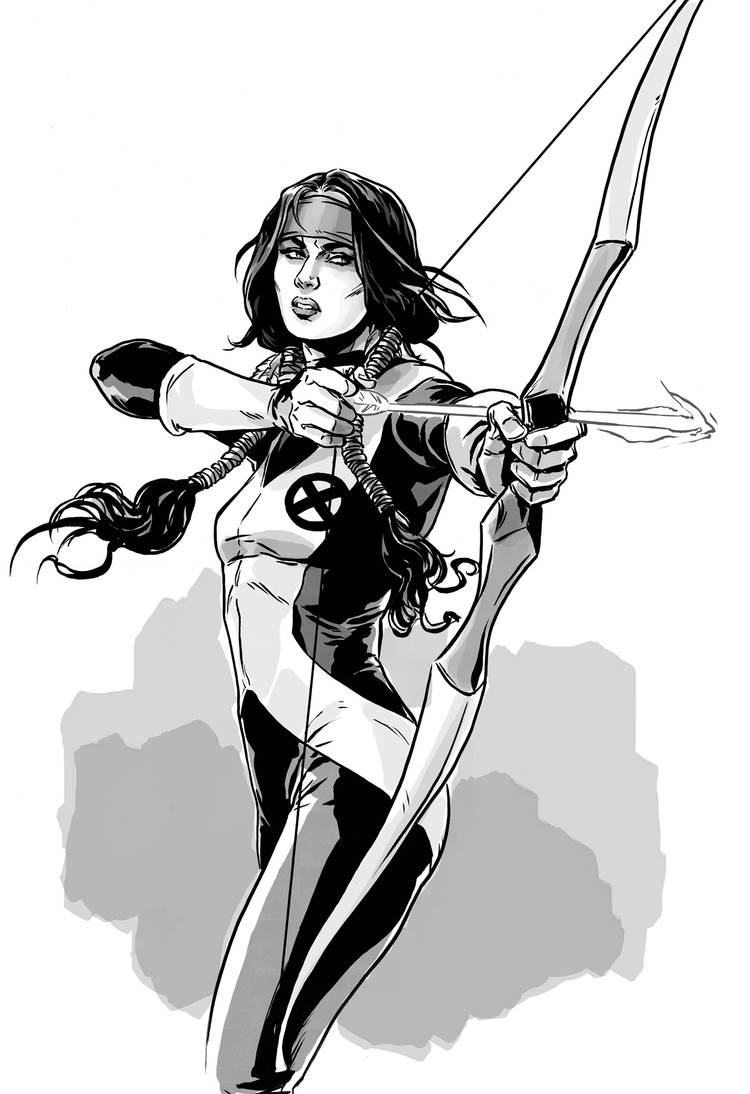Dani Moonstar drawing a bow in her X-Men uniform comic art
