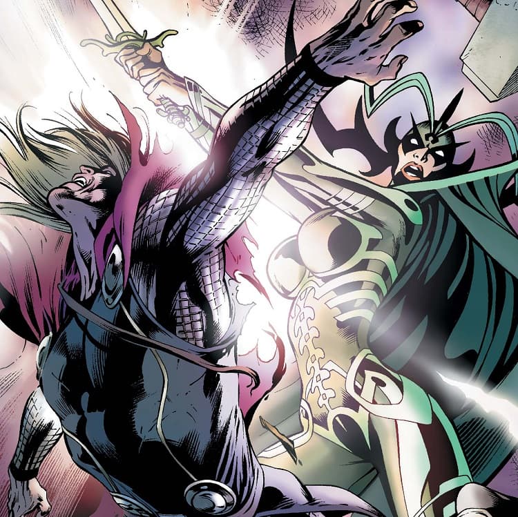 Hela wielding a sword against Thor comic art