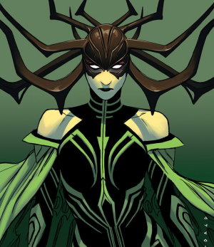 Hela wearing her antler headdress and green black costume comic art