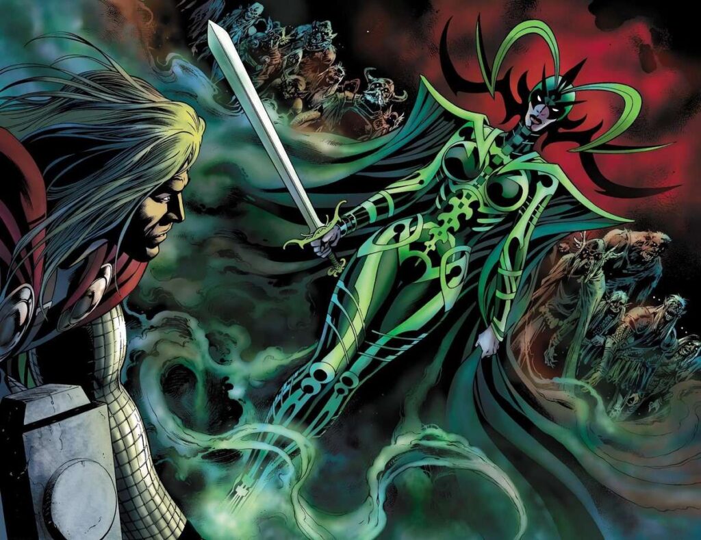 Hela holding her sword amid the legions of the dead comic art